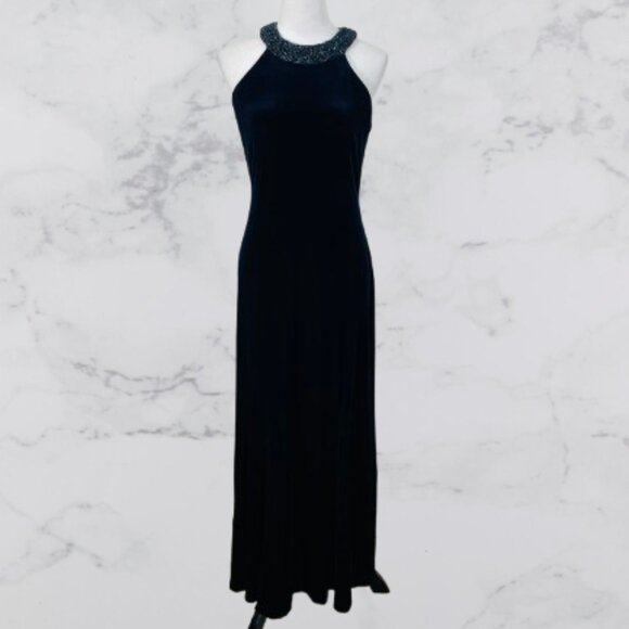 Alex Evenings Dresses & Skirts - Alex Evenings Velvet Halter Beaded Collar Formal Maxi Gown Dress Sz 10 Midnight